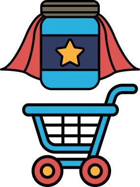 Üstünde kırmızı bir pelerin olan mavi bir alışveriş arabası. Üzerinde yıldız olan bir kavanoz da el arabasında.