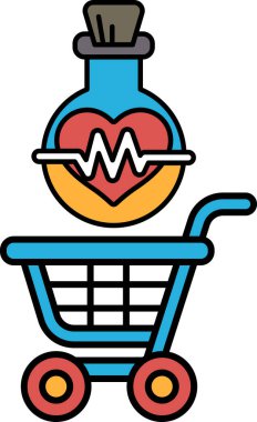 Üstünde kalp ve bir şişe ilaç olan mavi bir alışveriş arabası. Araba bir dükkanda ve ilaç da kalp rahatsızlığı için.