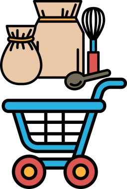 Beyaz arka planı ve bir sürü mutfak eşyası olan mavi bir alışveriş arabası. Araba bir çanta, bir kase, bir kaşık ve bir çırpı da dahil olmak üzere çeşitli eşyalarla dolu.