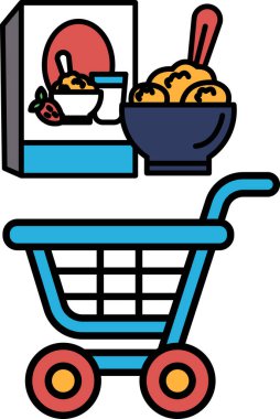 Üzerinde bir kutu mısır gevreği ve bir kase mısır gevreği olan mavi bir alışveriş arabası karikatürü.