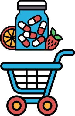 Üstünde bir kavanoz hap ve çilek olan mavi bir alışveriş arabası. Araba boş.