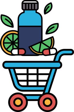 Üstünde bir şişe ilaç ve bir şişe vitamin olan mavi bir alışveriş arabası. Arabanın üstünde portakal ve limon da var.