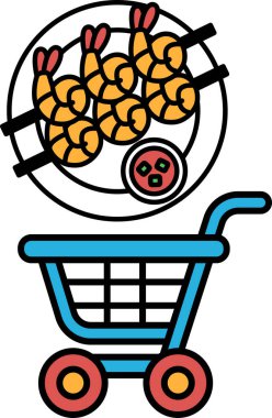 Mavi bir alışveriş arabası bir tabak karides ve bir kase ketçapla doldurulur. Karidesler şişlendi ve yenmeye hazır. Alışveriş arabası beyaz arka plana yerleştirilir.