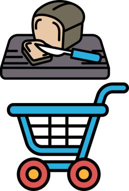 Üstünde bir somun ekmek ve bıçak olan mavi bir alışveriş arabası. Yemek hazırlama kavramı, muhtemelen bir sandviç.