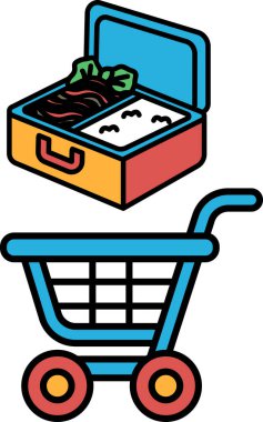 Kırmızı saplı ve mavi sepetli mavi bir alışveriş arabası. Sebzeli ve pirinçli bir beslenme çantası arabanın üstünde duruyor.