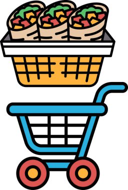 Mavi bir alışveriş arabasında bir sepet burrito var. Araba boş.