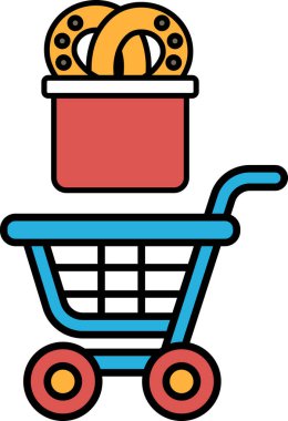 Üstünde kırmızı kutu olan mavi bir alışveriş arabası. Kutu çöreklerle dolu.