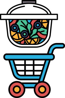 Üzerinde beyaz kapaklı ve beyaz bir kase salata olan mavi bir alışveriş arabası. Kase brokoli, havuç ve portakal gibi çeşitli sebzelerle dolu.