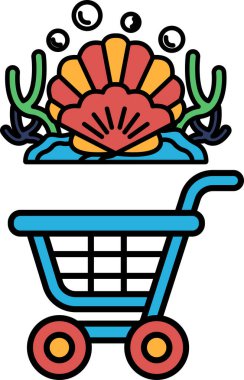 Üstünde deniz kabuğu olan mavi bir alışveriş arabası. Kabuk deniz yosunu ve diğer deniz canlılarıyla çevrili.