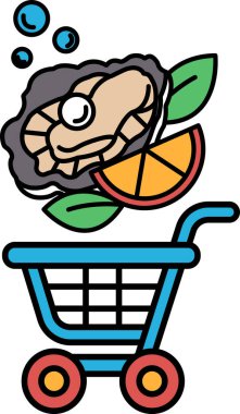 Bir yengeç, bir portakal ve bir yaprak da dahil olmak üzere yiyecek malzemeleriyle dolu bir alışveriş arabasının karikatürize edilmiş görüntüsü.