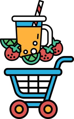 Meyve dolu bir araba ve pipetli bir içecek. Araba mavi ve kırmızı tekerleği var.