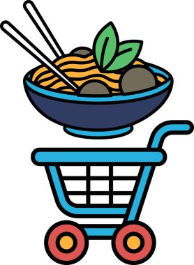 Üstünde bir kase erişte ve çubuk olan bir alışveriş arabası çizimi. Erişte kasesi yeşil bir yaprak ile çevrilidir ve alışveriş arabası mavi ve beyazdır.