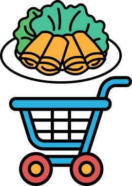 Üstünde yeşil yapraklı sebze olan mavi bir alışveriş arabası. Araba bir tabak erişte ve bir sürü marul da dahil olmak üzere yiyecekle dolu.