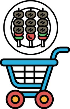 Üzerinde bir tabak yemek ve şiş olan mavi bir alışveriş arabası. Yemek tabağı sebze ve et karışımı ve şişler de çubukların üzerinde. Görüntüde rahat ve rahat bir hava var.