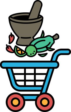 Üzerinde yeşil kertenkele olan mavi bir alışveriş arabası. Araba sebze ve baharatla dolu.