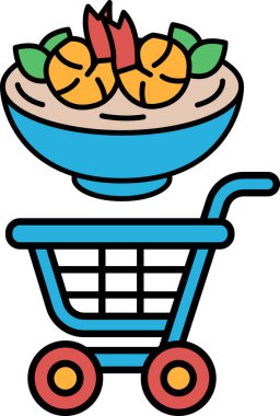 Üstünde bir kase yiyecek olan mavi bir alışveriş arabası. Kase çeşitli meyve ve sebzelerle dolu.