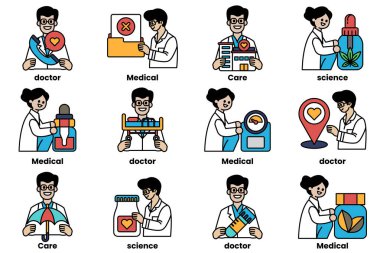 Doktorlar ve tıp uzmanlarının bir dizi görüntüsü. Görüntüler arasında bir doktor elinde bir dosya, elinde steteskop, elinde şırınga tutan bir doktor ve elinde şişe tutan bir doktor yer alıyor.