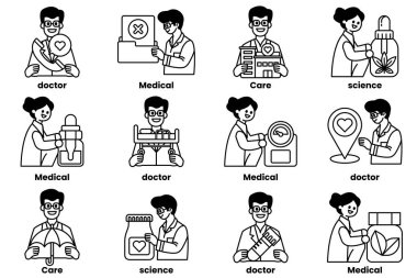 Tıp alanında çalışan insanların bir dizi siyah beyaz çizimi. Çizimler doktorlar, hemşireler ve diğer tıp uzmanlarının çizimleri. Resimler bir ızgarada sıralanır