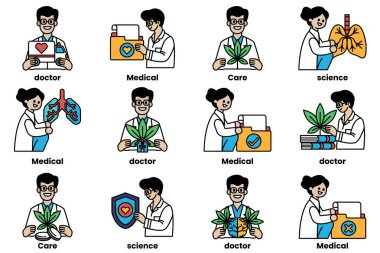 Doktorlar ve tıp uzmanlarının bir dizi görüntüsü. Resimlerde steteskop gibi tıbbi malzemeler tutan insanlar görülüyor ve bazıları bitki tutuyor. Resimler bir ızgarada sıralanır