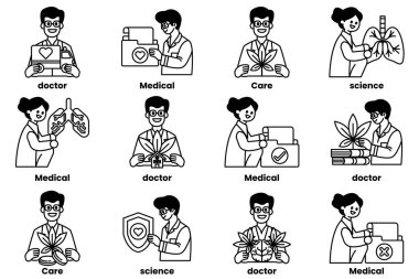 Tıp alanında çalışan insanların bir dizi siyah beyaz çizimi. Çizimler doktorlar, hemşireler ve diğer tıp uzmanlarının çizimleri. Çizimlerin hepsi gülümsüyor ve mutlu görünüyorlar.