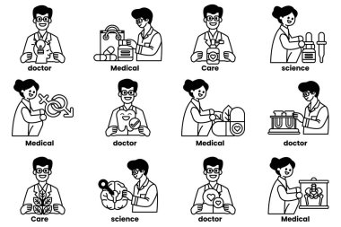 Tıp alanında çalışan insanların bir dizi siyah beyaz çizimi. Çizimler, doktor, hemşire ve eczacı gibi mesleklerle etiketlenmiştir. Görüntülerin havası ciddi.