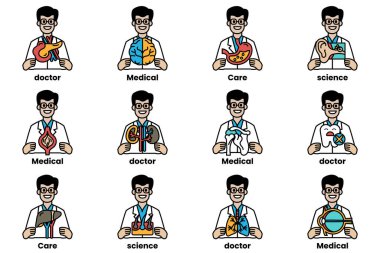 Kalp ve beyin tutan bir adamın karikatürü. Adam gülümsüyor ve beyaz laboratuvar önlüğü giyiyor.