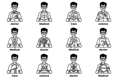 Bir kalp, bir diş fırçası ve bir kitap da dahil olmak üzere çeşitli eşyaları tutan bir dizi karikatürsel erkek çizimi. Çizimler, doktor, bilim adamı ve öğretmen gibi çeşitli mesleklerle etiketlenmiştir.