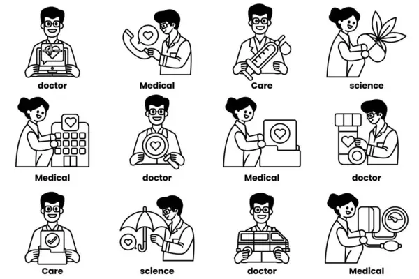 Tıp alanında çalışan insanların bir dizi siyah beyaz çizimi. Çizimler, doktorlar, hemşireler ve diğer tıp uzmanları da dahil olmak üzere çeşitli kişilerden oluşuyor. Çizimlerin hepsi gülümsüyor.