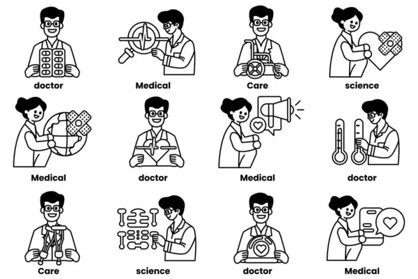 Tıp alanında çalışan insanların bir dizi siyah beyaz çizimi. Çizimler doktorlar, hemşireler ve diğer tıp uzmanlarının çizimleri. Görüntülerin hepsi gülümsüyor.