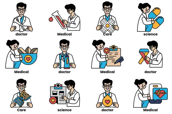 Doktorlar ve tıbbi profesyonellerin bir dizi karikatürü. Görüntüler bir şebekeye bağlı ve doktorlar, hemşireler ve eczacılar gibi çeşitli tıp alanlarını içeriyor.