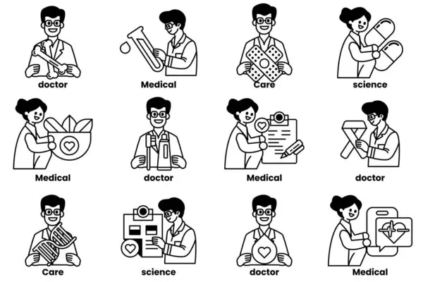 Tıp alanında çalışan insanların bir dizi siyah beyaz çizimi. Çizimler doktorlar, hemşireler ve diğer tıp uzmanlarının çizimleri. Görüntülerin hepsi gülümsüyor.
