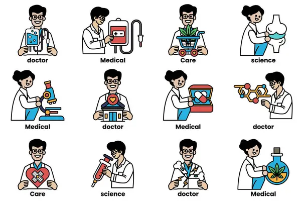 Doktorlar ve tıbbi profesyonellerin bir dizi karikatürü. Resimlerde doktorlar, hemşireler ve eczacılar gibi çeşitli tıp uzmanları yer alıyor.