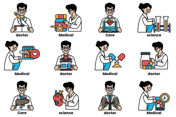 Doktorlar ve tıbbi profesyonellerin bir dizi karikatürü. Resimler, elinde ilaç şişesi olan bir kadın ve steteskop tutan bir adam da dahil olmak üzere çeşitli insanları gösteriyor.