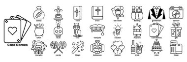 Bir kart oyunu için siyah beyaz ikonlar. Simgeler arasında bir deste kağıt, bir kase şeker, bir kitap, bir haç, bir kafatası, bir kedi, bir şişe, bir kase şeker,