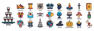 Şarap kadehi, kitap, balkabağı ve parti şapkası gibi çeşitli durumlar için bir ikon koleksiyonu.