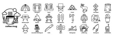 Kamp ve açık hava aktiviteleri için bir ikon koleksiyonu. İkonlar arasında bir kupa, bir bıçak, bir sırt çantası, bir çadır, bir kamp ateşi, bir soğutucu, bir cep telefonu, bir kitap, bir sandalye, bir sırt çantası, bir bıçak yer alıyor.