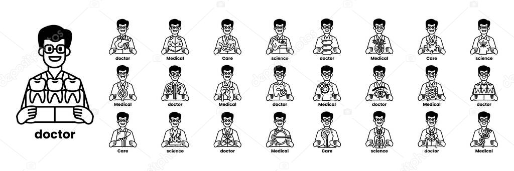 A Set of illustrations in the concept of Doctors and things in line art style