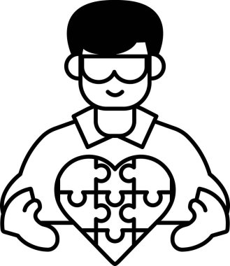 Yapboz parçası bir kalp tutan bir adam. Adam gözlük ve gömlek giyiyor. Yapboz parçası kalp aşkın ve birliğin sembolüdür.