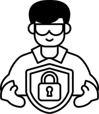 Bir adam üzerinde anahtar olan bir kalkan tutuyor. Gülümsüyor. Güvenlik ve koruma kavramı