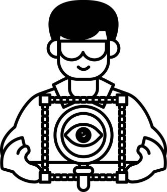 Bir adam yüzünde bir gülümsemeyle bir kamera lensi tutuyor. Fotoğraf için heyecan ve coşku kavramı