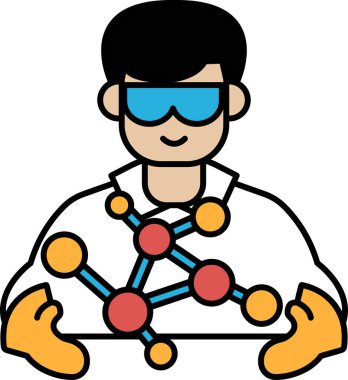 Laboratuvar önlüklü bir karikatürist elinde molekül tutuyor. Çizgi film neşeli ve şen şakrak. Adam laboratuvar önlüğü ve gözlüğü takıyor ve elinde bir molekül tutuyor.
