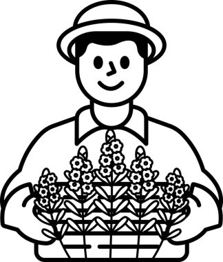 Bir adam elinde bir sepet çiçek tutuyor. Gülümsüyor ve mutlu. Sevinç ve memnuniyet kavramı