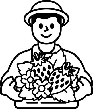 Adamın biri elinde bir sepet çilek ve çiçek tutuyor. Gülümsüyor ve mutlu.