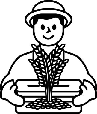 Bir adam bir kutu buğday tutuyor. Gülümsüyor ve mutlu. Sevinç ve memnuniyet kavramı