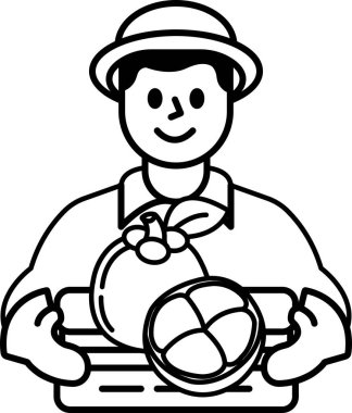 Bir adam elinde muz ve mango da dahil bir sepet meyve tutuyor. Gülümsüyor ve mutlu.