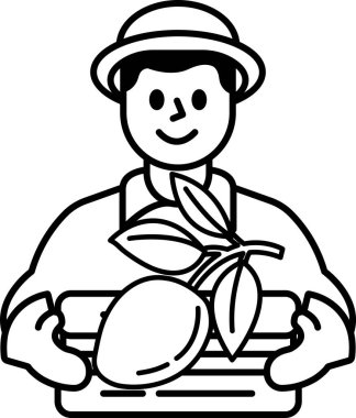 Adamın biri elinde bir sepet meyve tutuyor, mango da dahil. Gülümsüyor ve mutlu.