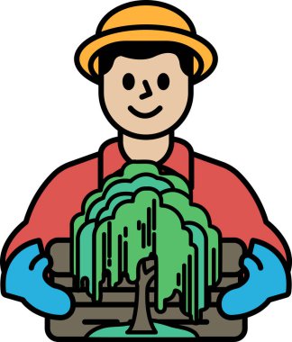 Bir adam sepetin içinde bir ağaç tutuyor. O kırmızı bir gömlek ve sarı bir şapka giyiyor.