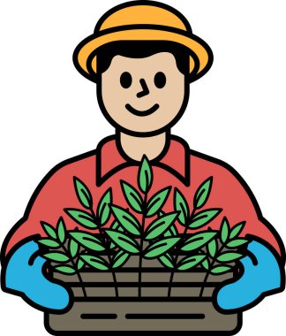 Bir adam bir sepet bitkiyi tutuyor. Gülümsüyor ve şapka takıyor. Bitkiler yeşil ve sağlıklı.