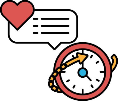 Saatin üzerine kırmızı bir kalp çizilir ve sağını gösteren mavi bir ok vardır. Saat 12 'ye ayarlandı.