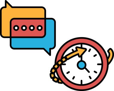 Kırmızı yüzlü bir saat ve sağı gösteren mavi bir ok. Saat iki konuşma baloncuğuyla çevrili. Biri mavi, diğeri kırmızı.